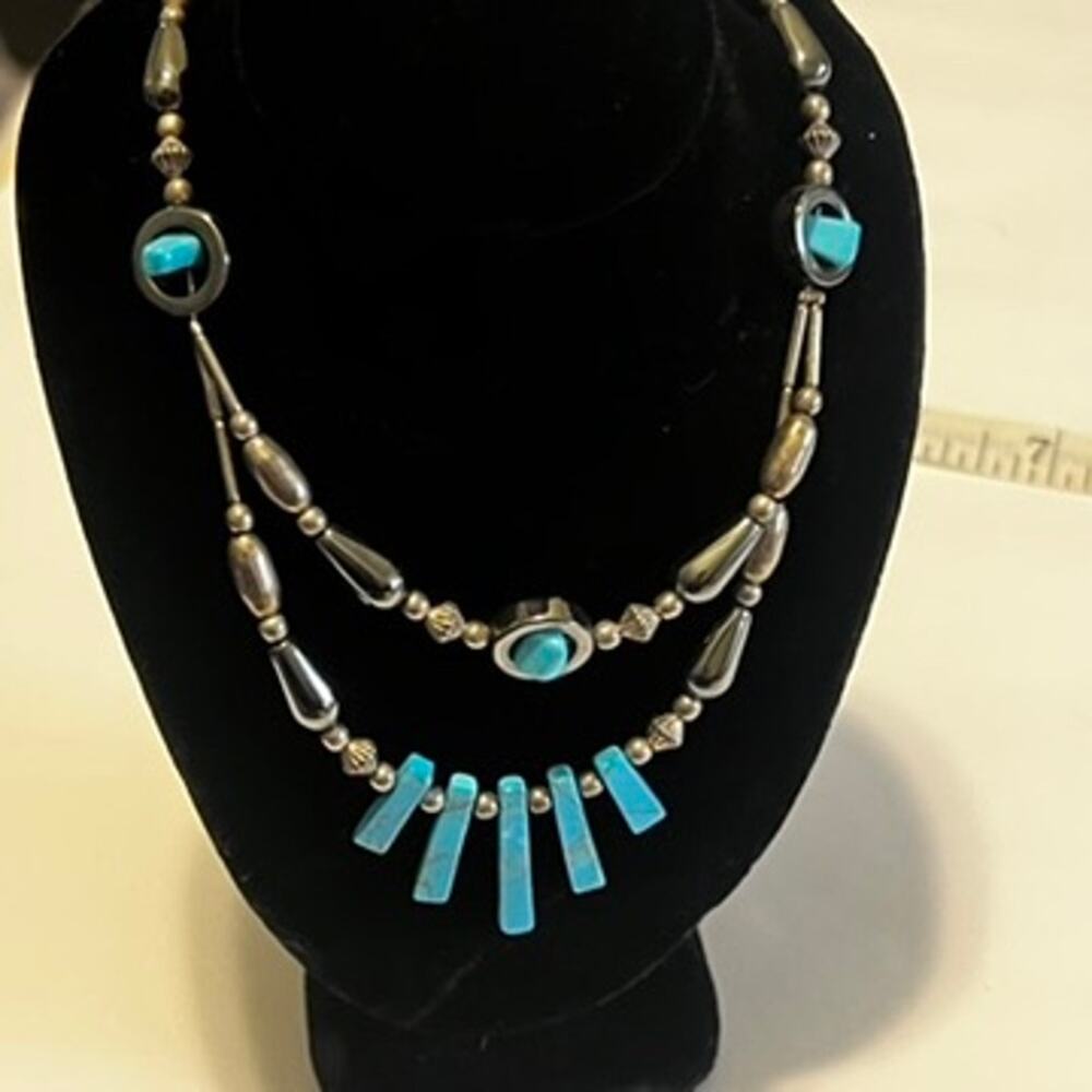 Vintage Southwestern Genuine Turquoise Stick & Polished Hematite Necklace